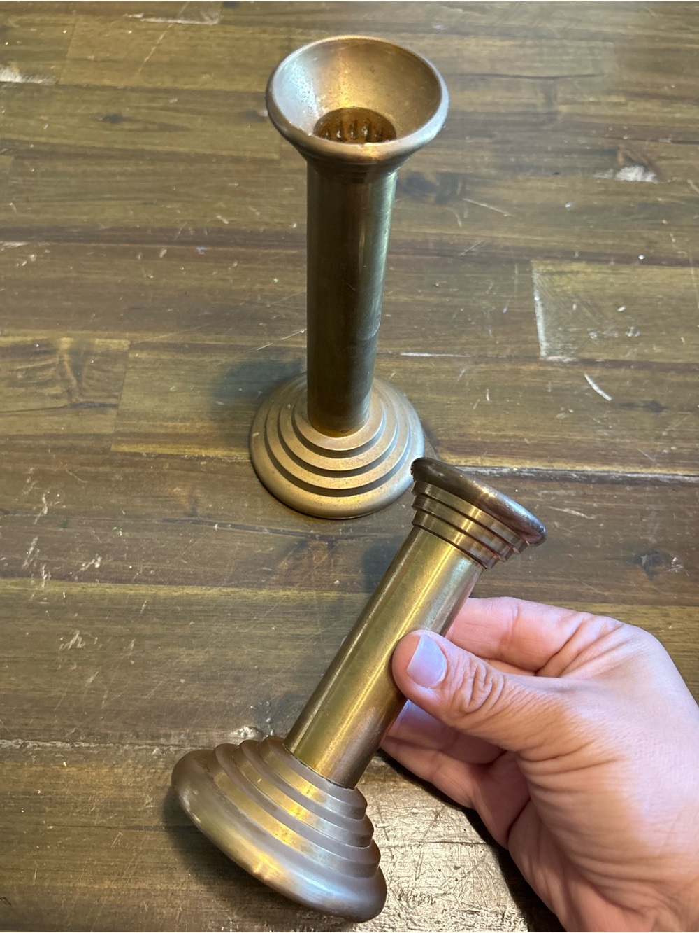 Vintage Brass Taper Candle Stick Holders Stepped Ribbed Base MCM Hollywood Regen